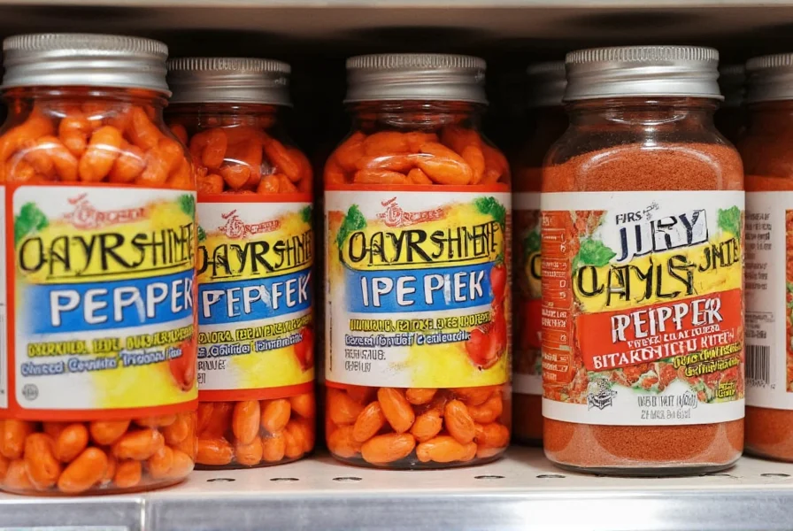 Cayenne pepper capsules and powder bottles arranged on Walmart shelf