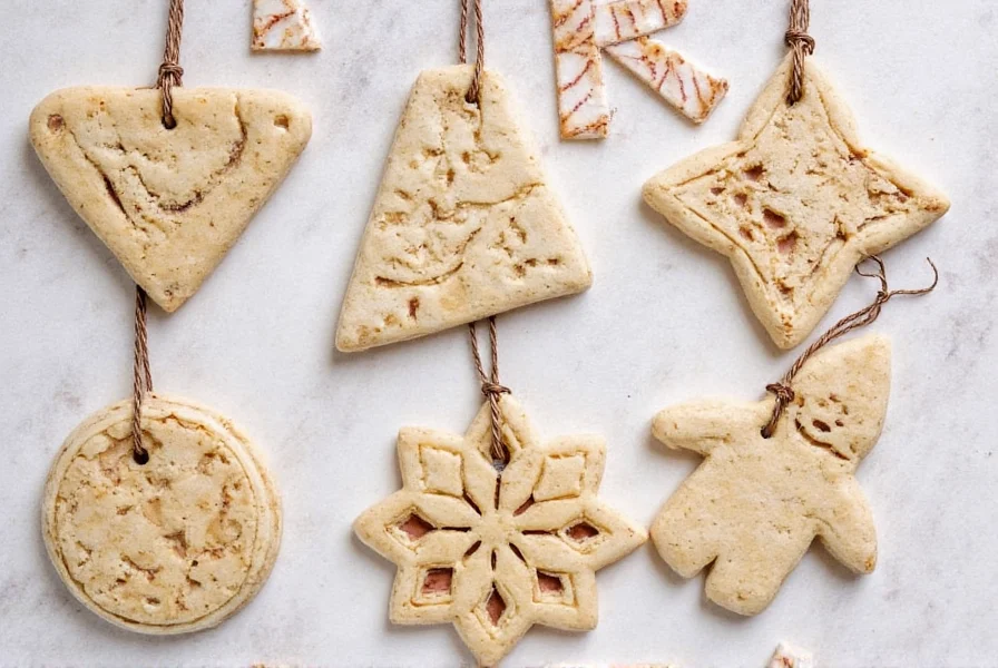 Step-by-step process of making cinnamon dough ornaments: mixing cinnamon and applesauce in a bowl, rolling dough, cutting shapes with cookie cutters, and drying on parchment paper