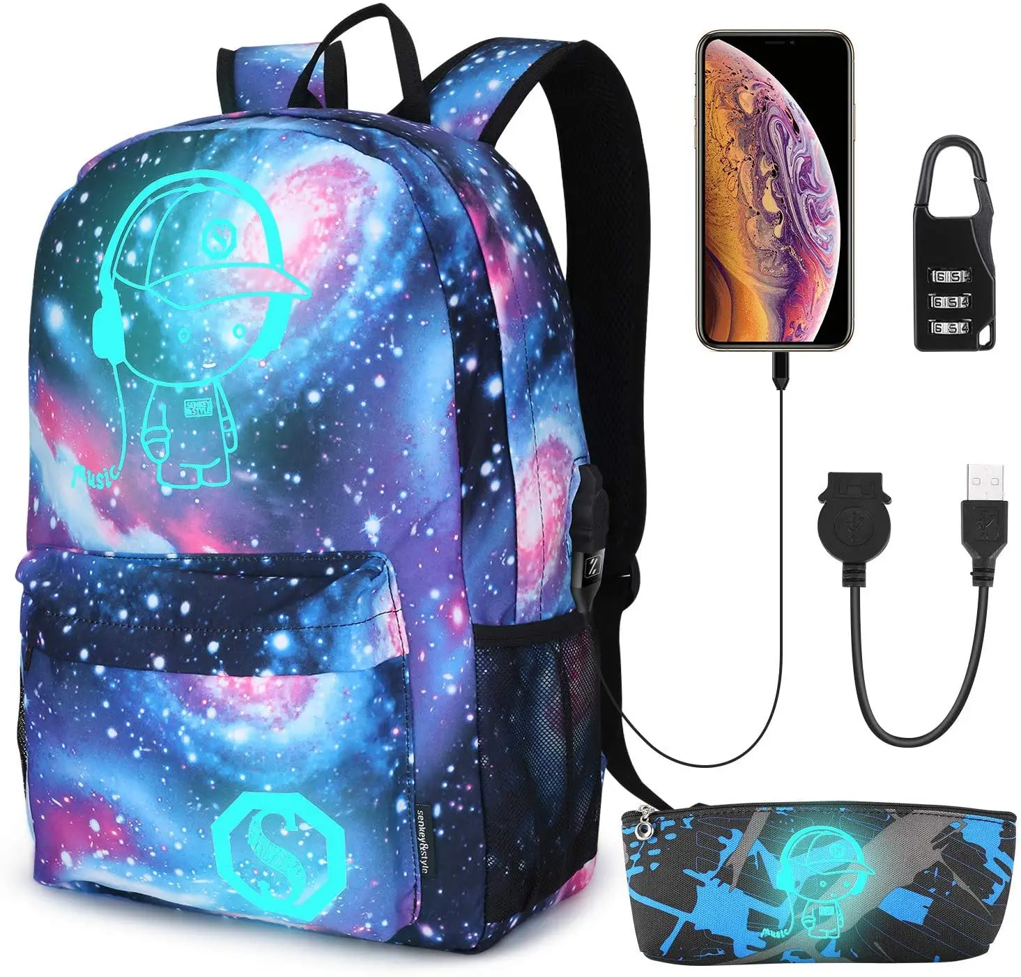 

murah Space Galaxy Printing Casual Fashion Korea Luminous Men Teenage Star Universe College Girl Backpack, Black