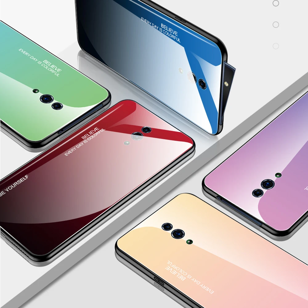 

For Oppo Reno Gradient Color Tempered Glass Soft TPU Phone Case, 7 colors