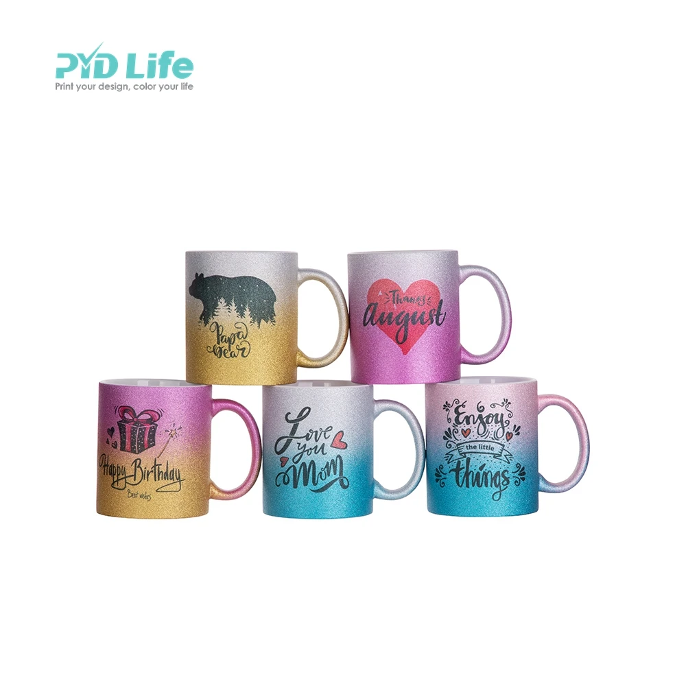 

PYD Life Wholesale Custom Logo RTS 11 oz Sublimation Colorful Gradient Glitter Ceramic Coffee Mug, Colored