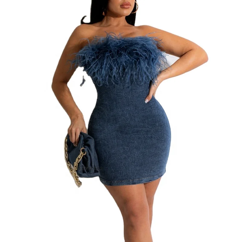 

Women sexy mini dress fitness dress for women feather off shoulder sleeveless dress for evening party wholesale