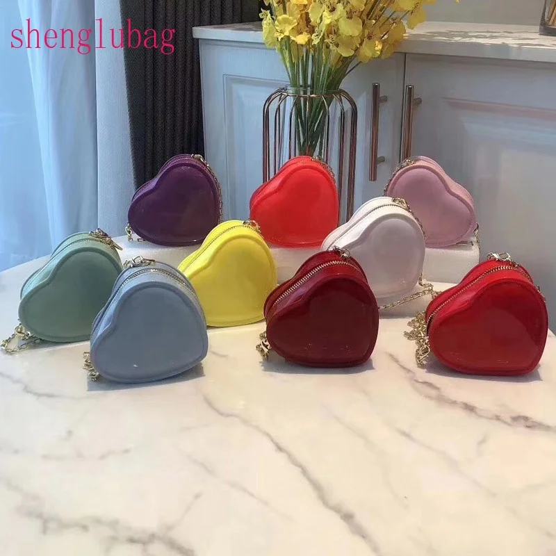 

2021 Shenglu lady girls summer bags heart shaped purse jelly bags pvc jelly bags neon green/orange jelly purse with long chain, Accept custom made