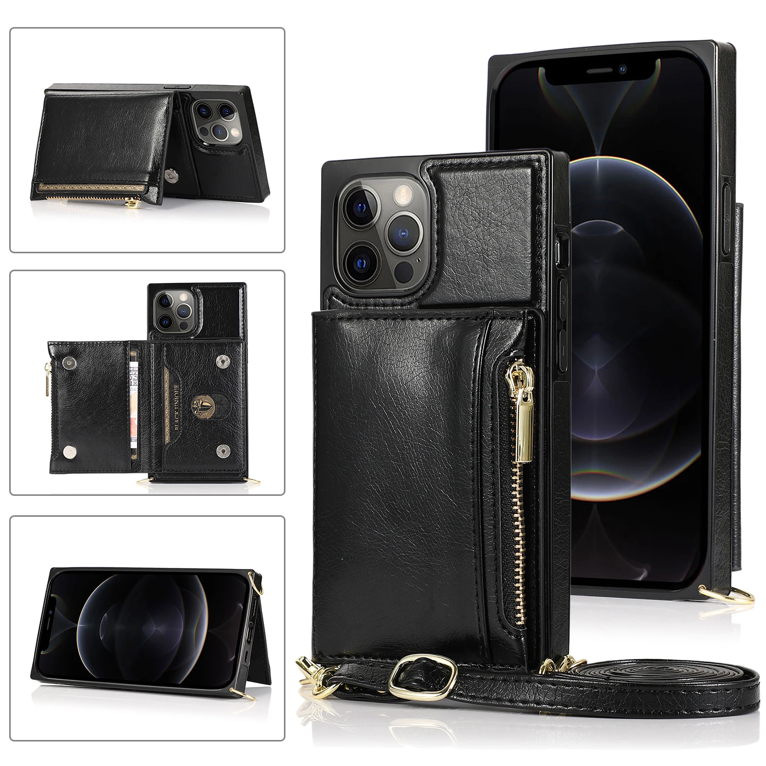 

Lanyard wallet cover For iphone SE 2020 phone case with wallet on back for iphone 12 pro max crossbody wallet phone case, Black, red, rose gold