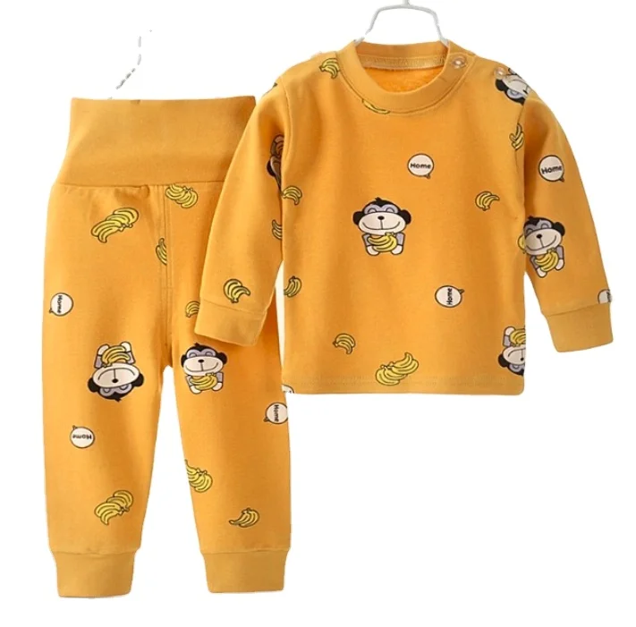 

Children's Pajamas Suit With Long Sleeves Round Collar 100%Cotton Shoulder Button And High Waist For Belly Protection, Picture shows