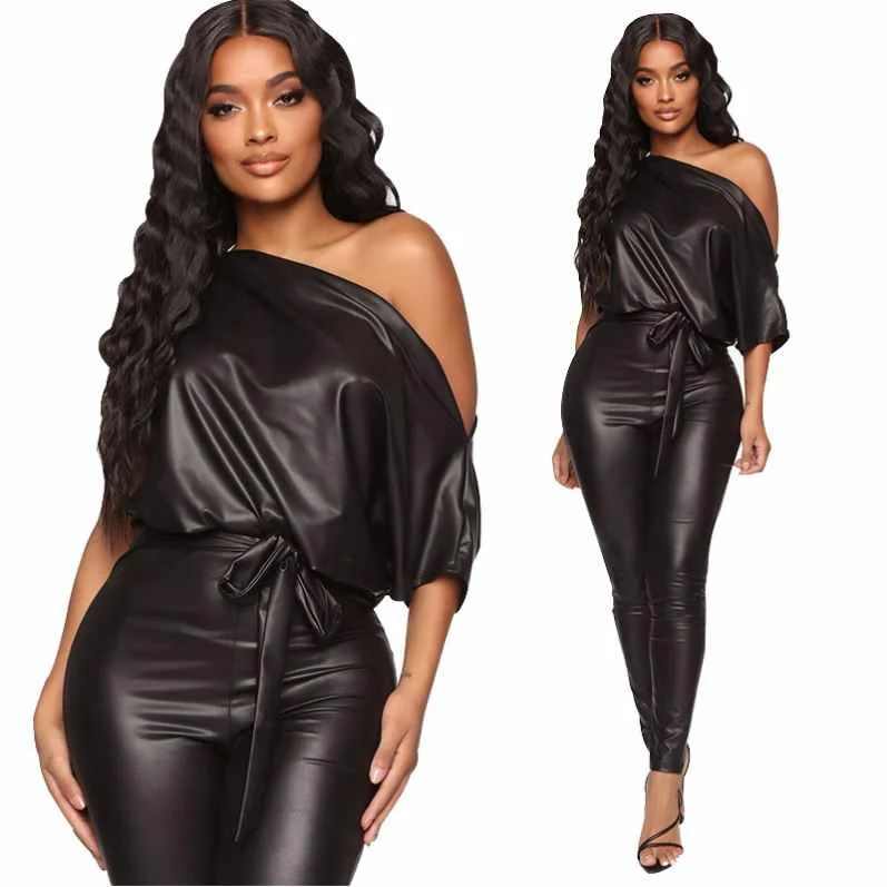 

New Arrival Winter Clothing 2020 Women Fashion Sexy One Shoulder Bodycon PU Jumpsuits Rompers