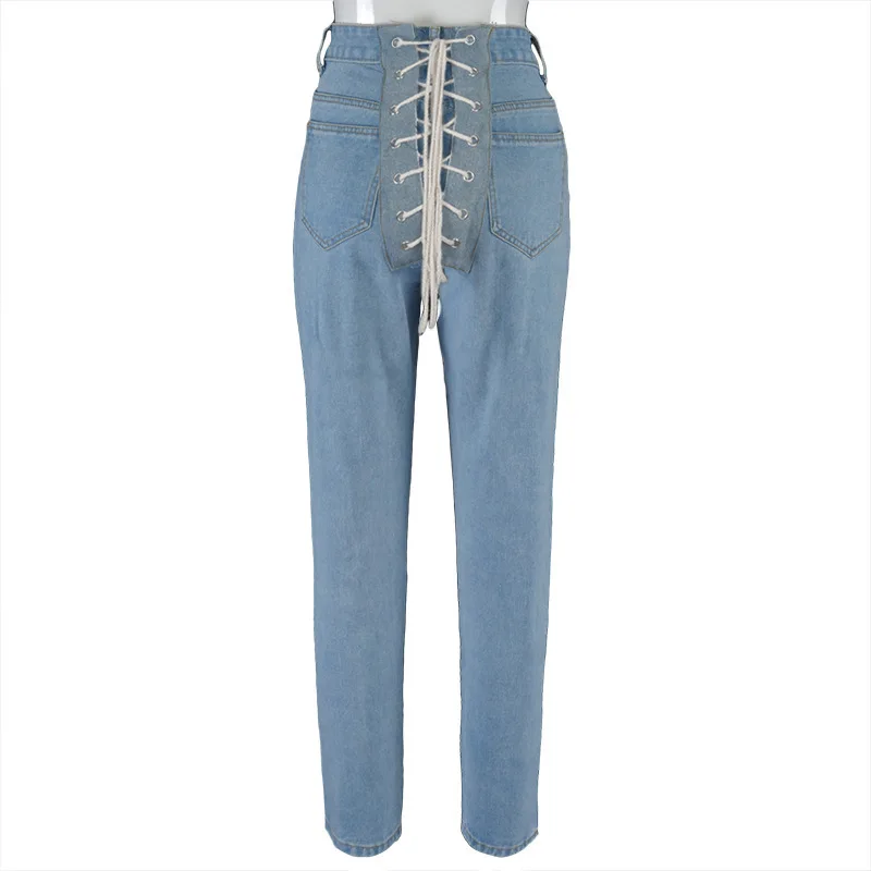 

Fashion Casual High-Waist Tied Bandwidth Denim Jeans sexy bandage woman jeans pant, Light blue/dark blue/dark