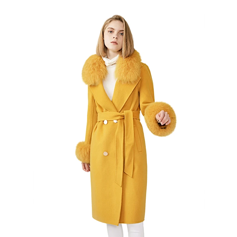 

Ladies Hand Stitched Woolen Jacket Cashmere Winter Long Coat Genuine Fluffy Fox Fur Collar Woolen Coat Women