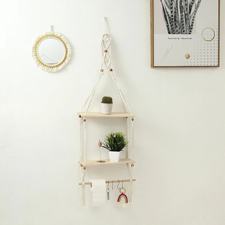 

multi-function macrame wall hanging shelf macrame Towel rack boho decor macrame plant hanger shelf for home decoration, White