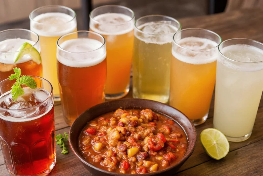 Variety of beverages including beer, iced tea, and limeade arranged next to chili bowl