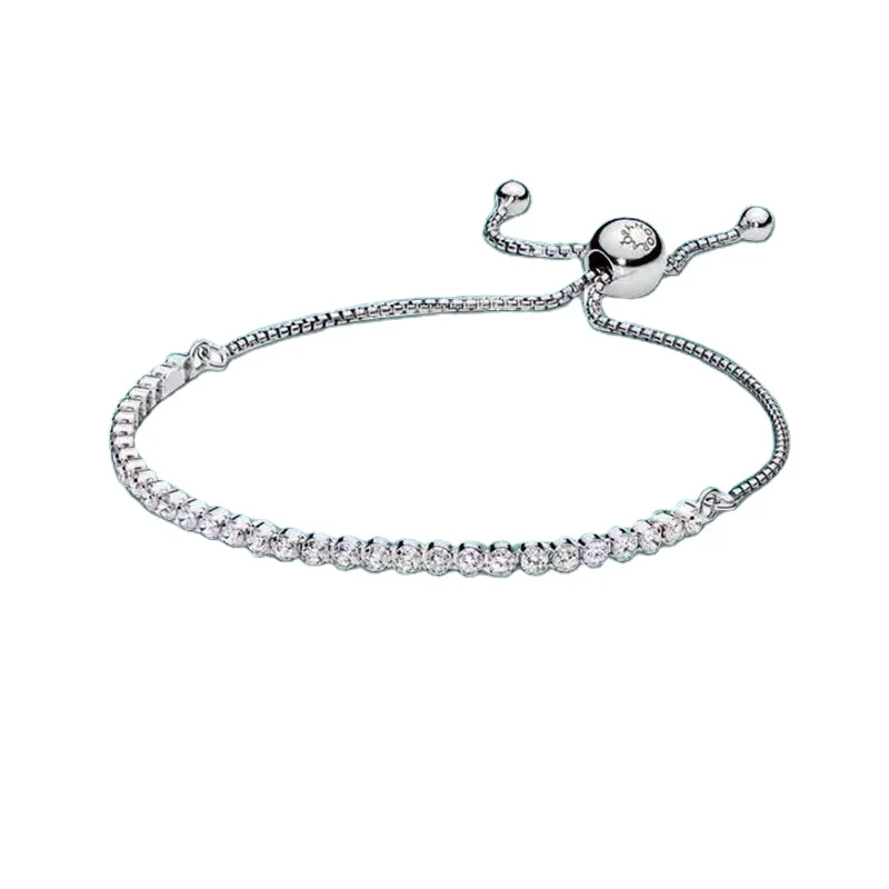 

Iced Out Cubic Zircon Adjustable Chains Push-pull Sterling Silver 925 Tennis Bracelet for Women, Silver color