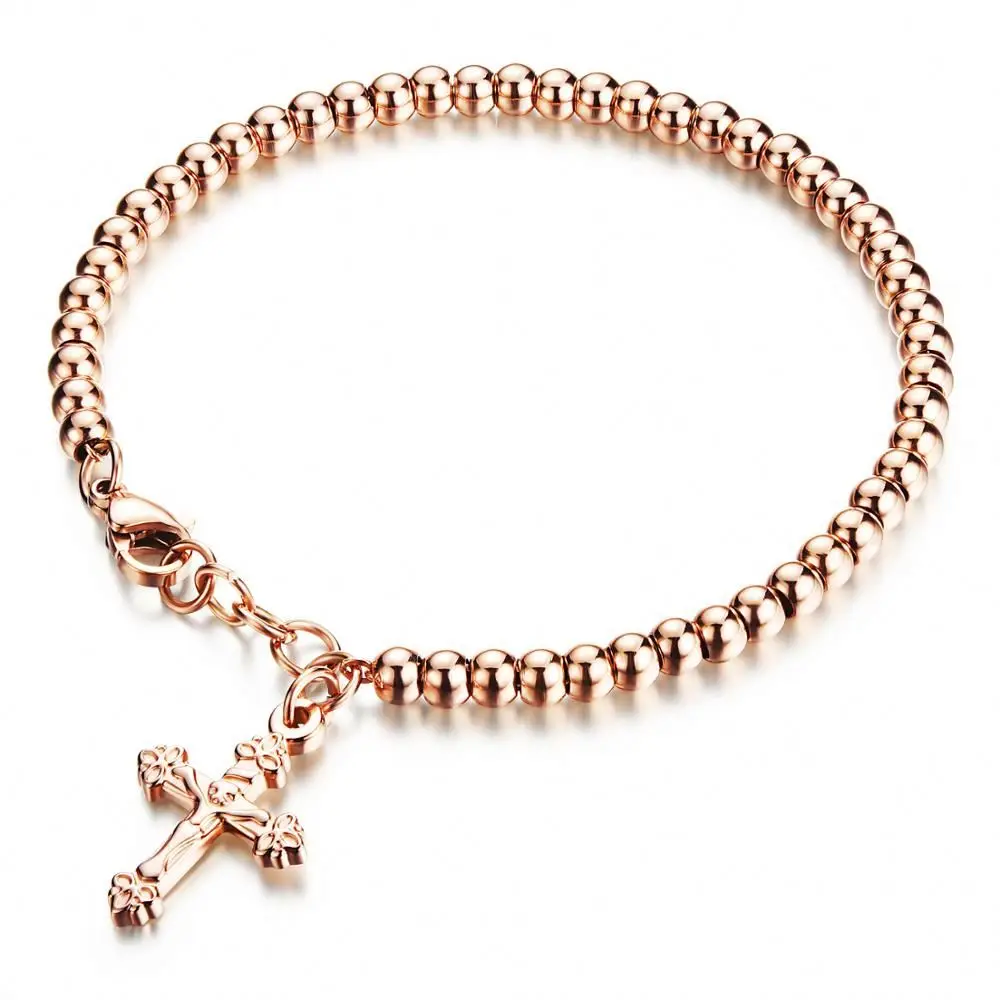 

Rose gold Cross fringed bead chain women stainless steel bracelet, Rose gold/stainless steel