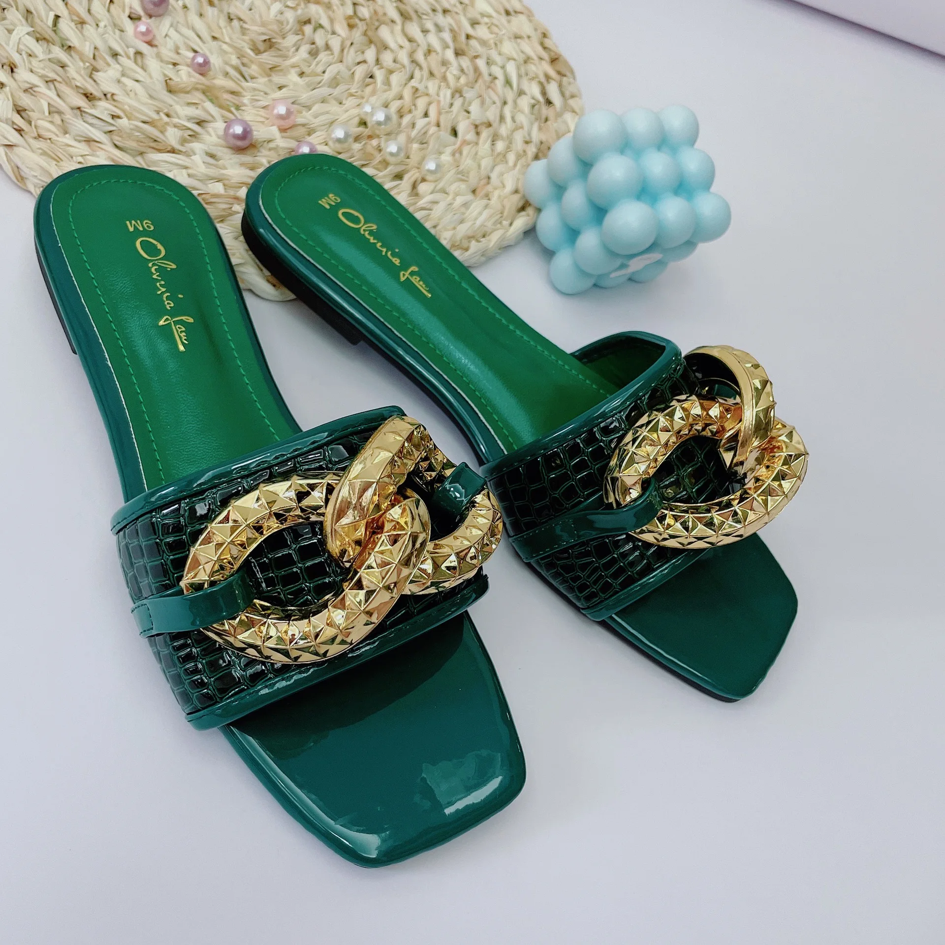 

Factory wholesale price croc embossed lady mules big metal decor women slides square peep toe female slippers sandals