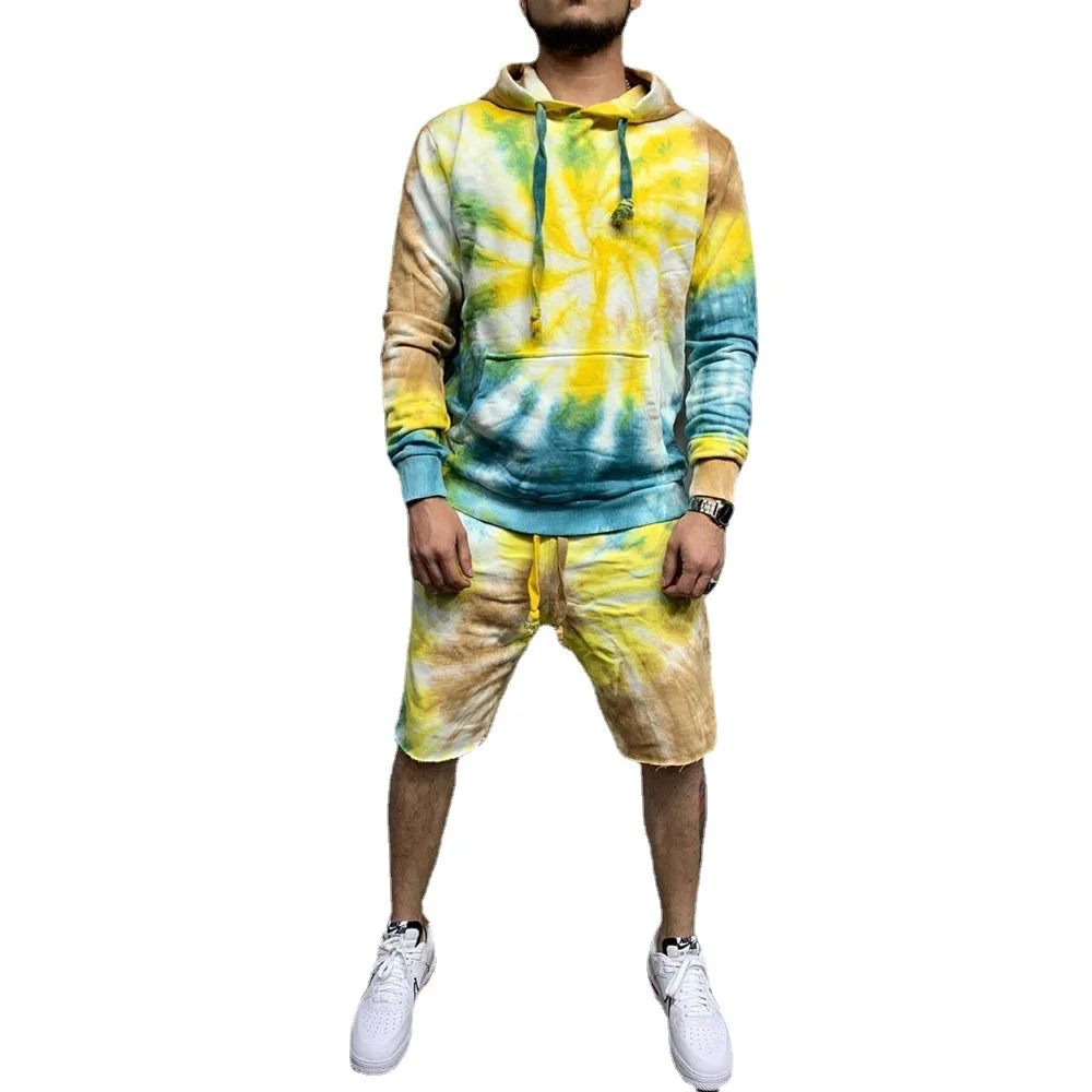 

2021 streetstyle wholesale custom LOGO Fashion over sized two piece tie dye shorts and long-sleeved hoodie set, Yellow