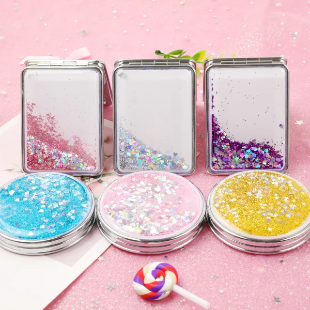 

2021 Custom Logo Portable Mini Small Hand Mirrors Double Sided Square Glitter Pocket Mirror For Makeup