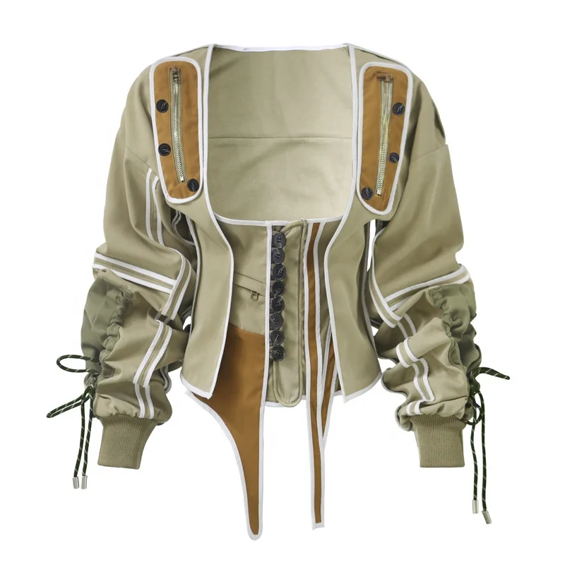 

Hot Selling Women Sleeveless Backless Corset Top Zipper Drawstring Tie Up Bomber Jacket, Customized color