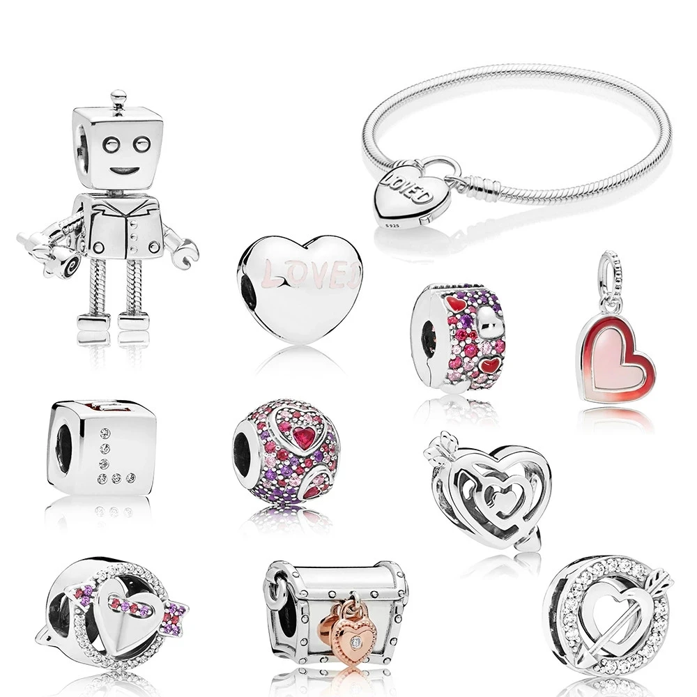 

2021 NEW 100% 925 Sterling Silver Valentine's Day Rob Bot CLUB Dice Sparkling Arrow Charm Loved Heart Clip Pendant Bracelet Gift