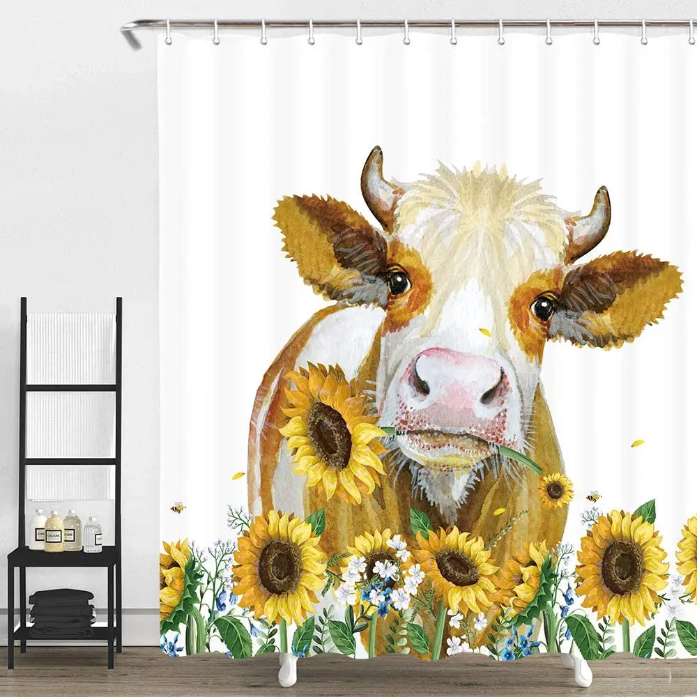 

Wholesale custom selling cartoon Farm cute yellow cow cow and yellow sunflower designed shower curtain for the bathroom