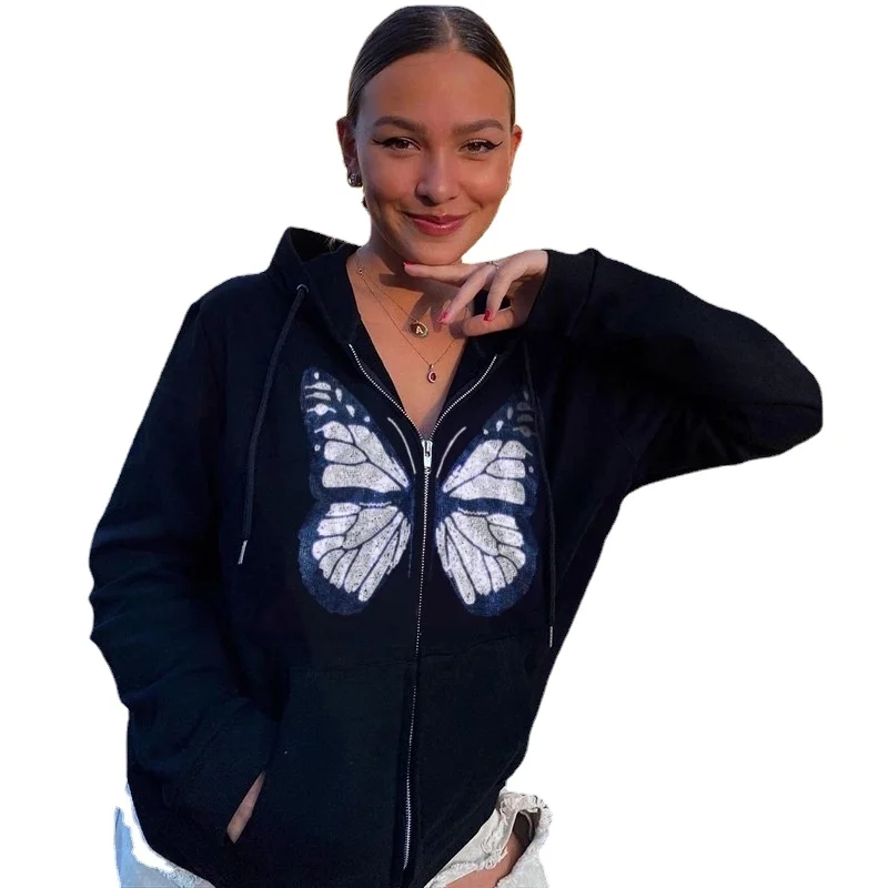 

Butterfly hot drilling hoodie women 2000s vintage casual gothic long sleeve zipper coat y2k streetwear oversize coat Sweatshirts, Black/white/brown