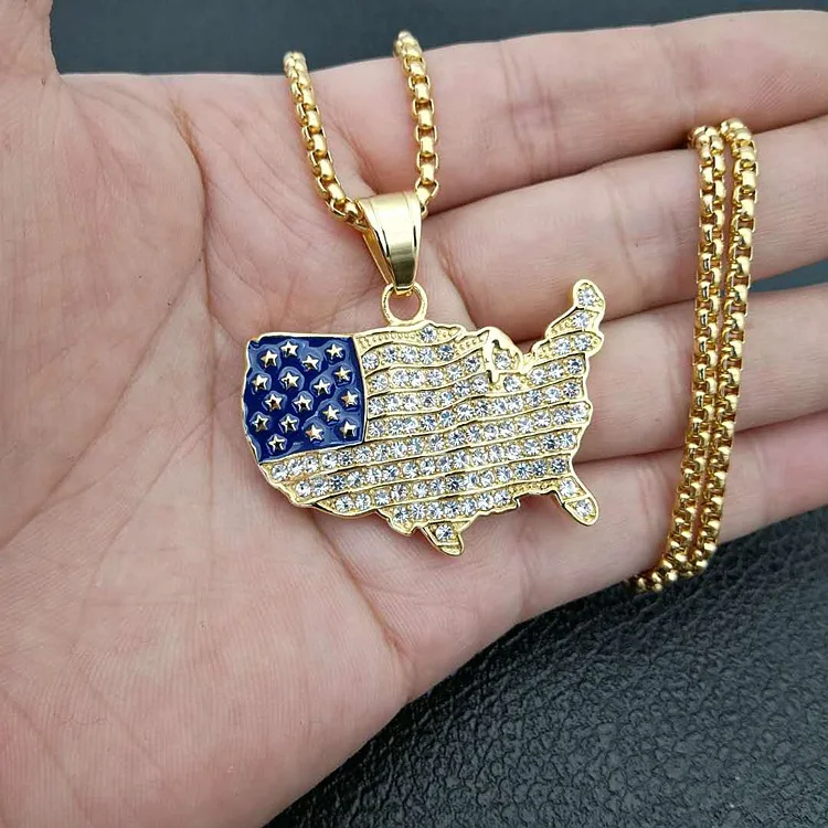 

Hip Hop Stainless Steel The United States of America Map Necklace Crystal Blue USA Map Pendant Necklace