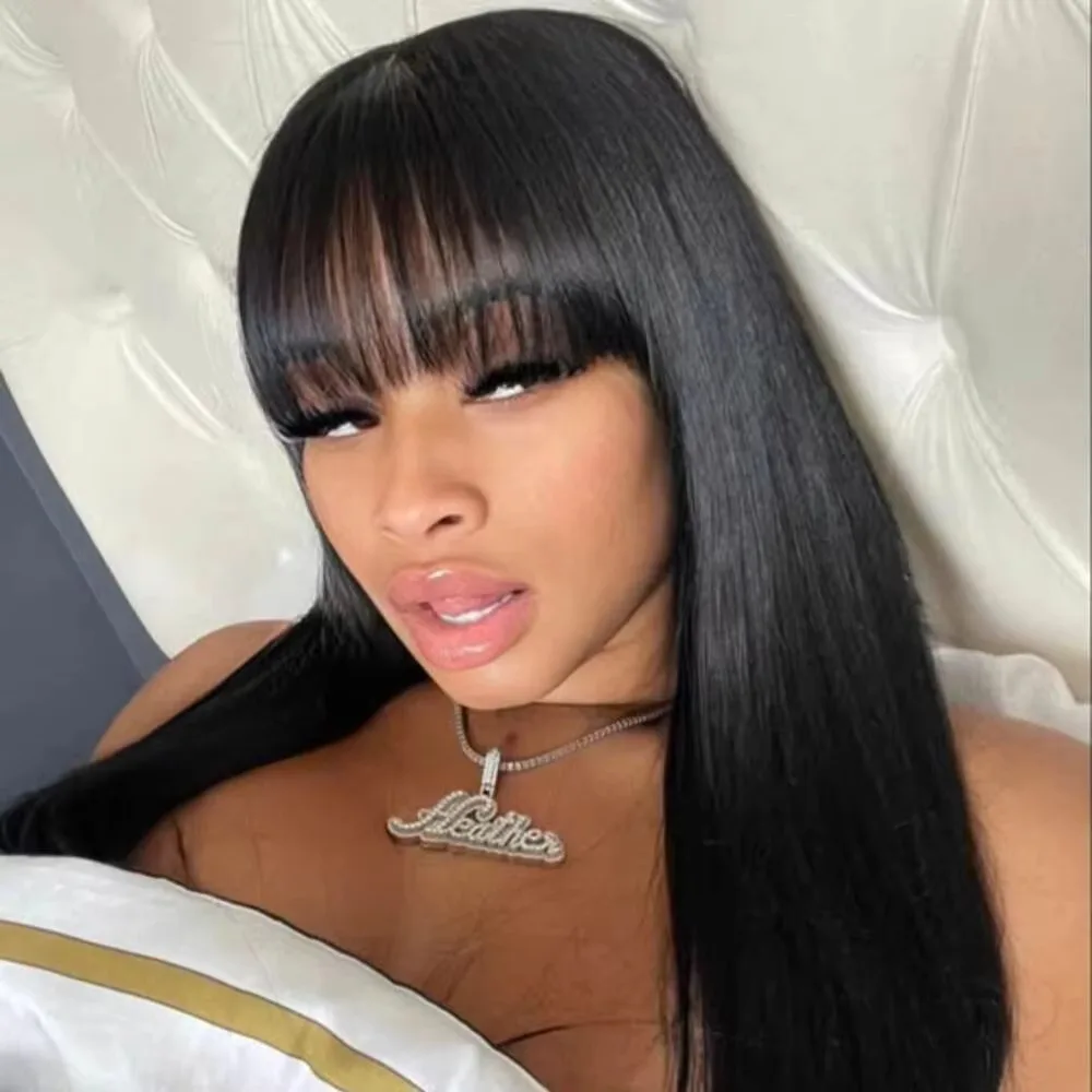 Bone Straight Human Hair Bob Wigs Full Machine Made With Bangs 100% Brazilian Glueless Wigs for Women None Lace Front