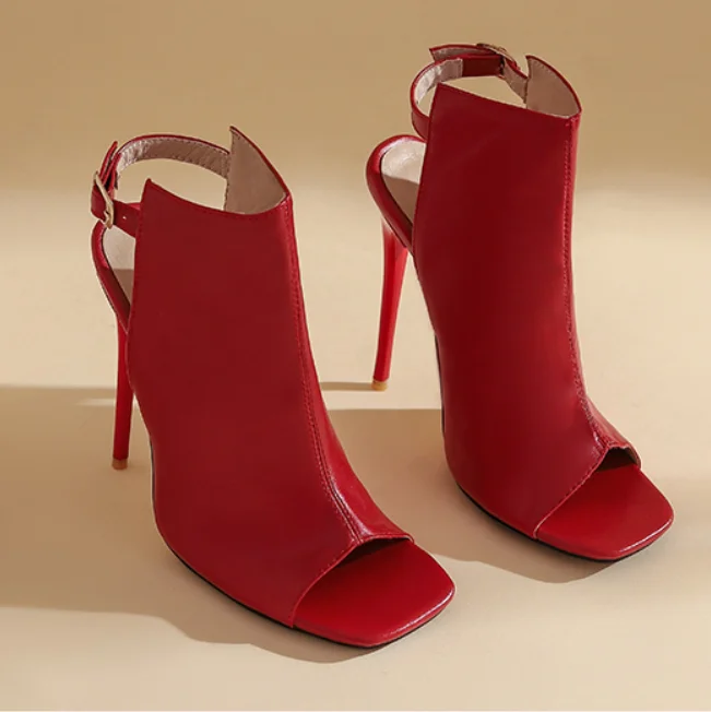 

2021 new ankle high buckle strap stiletto high heel ladies sandals with hollow heel Europe and America large size fashion trend, White red black