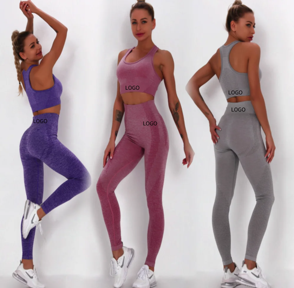 

Wholesale Full 7 Colors Custom Private Label Logo Women Sports Gym Wear Tights And Bra 2 Pieces Womens Seamless Gym Set, Royal blue,navy,black,wine red,light grey,purple,dark grey