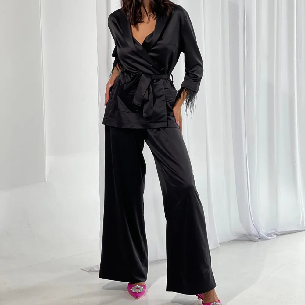 

Beta Black Silk Pajamas Party Getting Ready sleepwear Bridal Morning Outfit Long Black Satin with Feather sexy pajamas women, Customized color