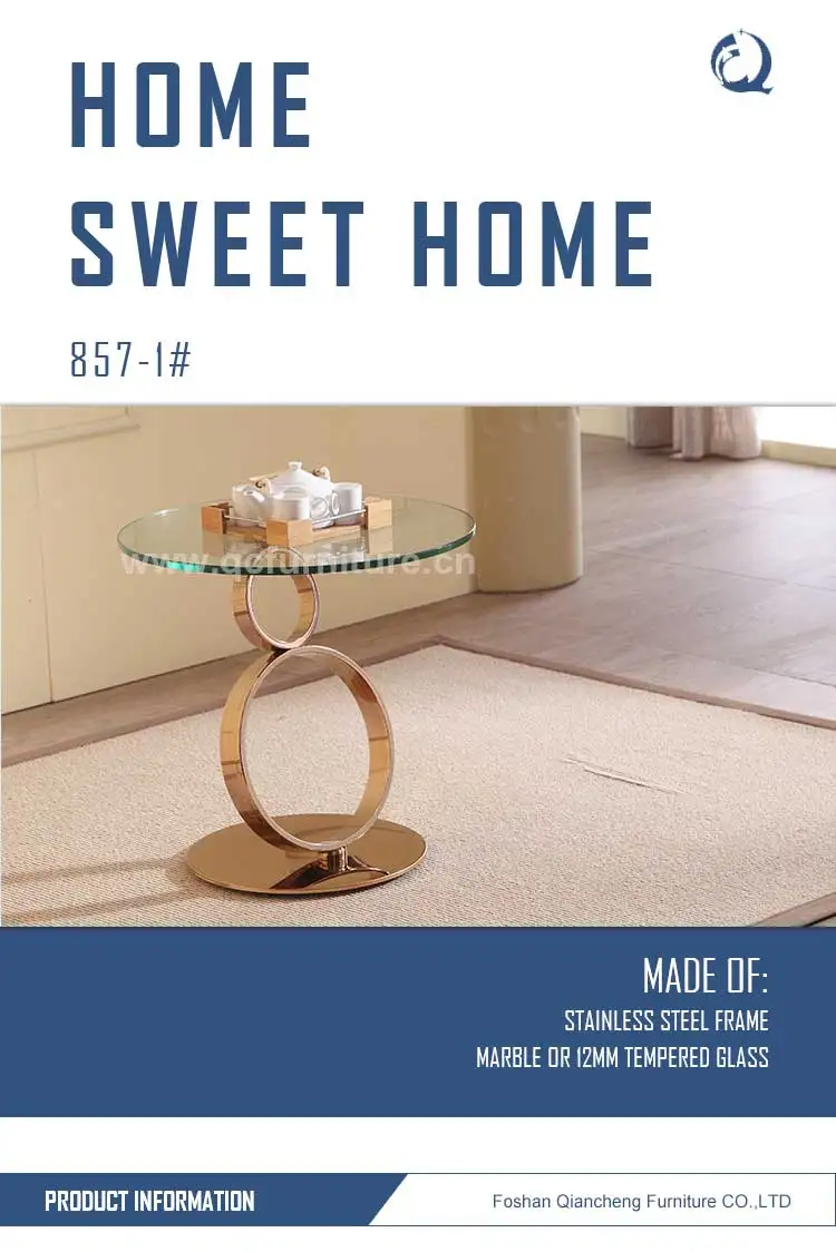 Modern Design Glass Sofa Side Rose Gold Stainless Steel Side Table