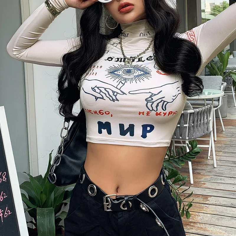 

Women Funny Print Full Sleeve Stretch Slim Tee Shirt Mujer Autumn Fashion High Street Casual Tight Stretch Slim Crop Tops