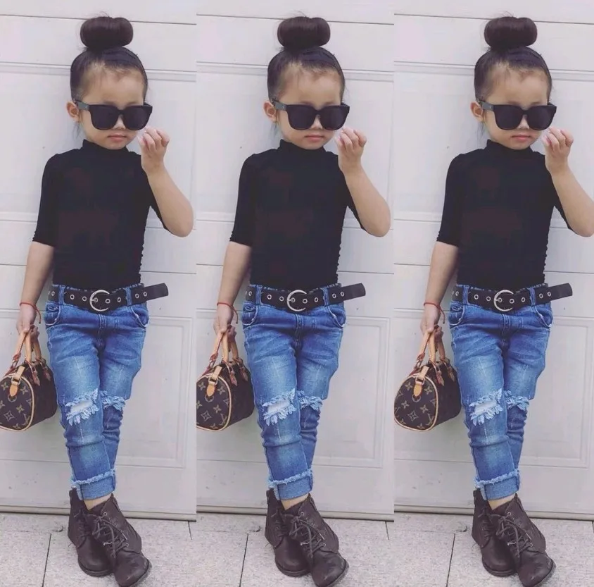 2020 New Spring Summer Three Quarter Sleeve Pure Black Tight Shirt Fashion Children Girl Bottoming Top Shirt 1-8T