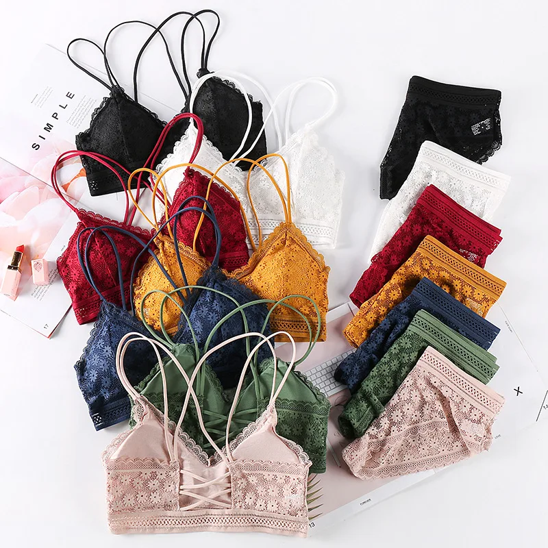 

Panty Set Bra Women Cross Back Backless Push Up Wireless Lace Bra Set, Black/white/green/wine red/dark blue/yellow/nude