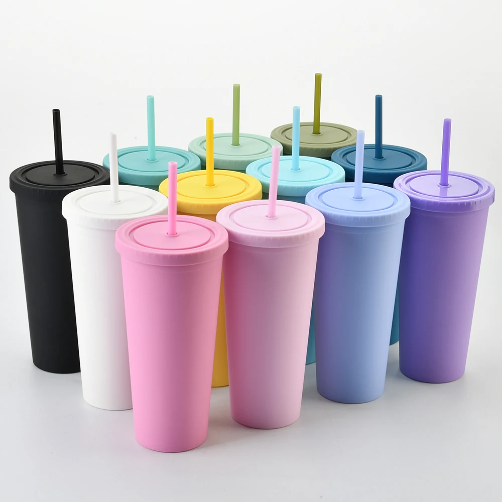

22oz rubber coating BPA Free z Double Walled Acrylic Plastic Water Drink Cup Matte Printed Skinny Tumblers with Straw and Lid, Customized