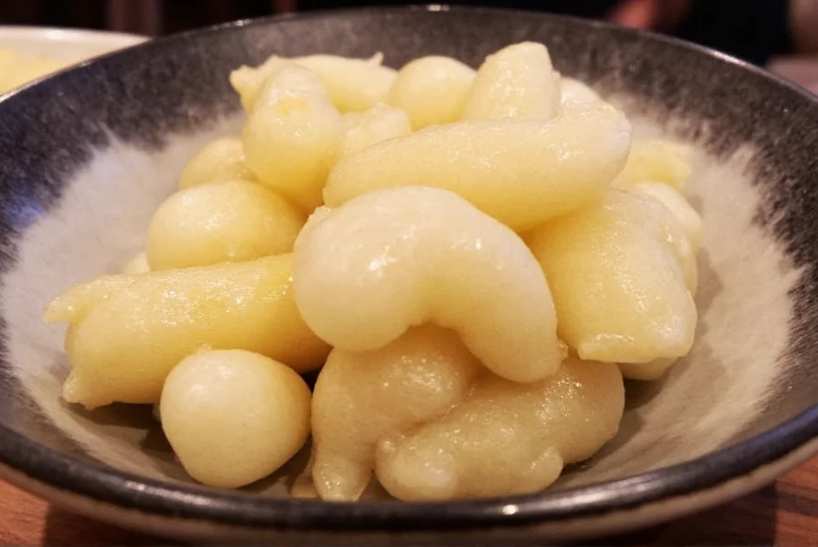 Thinly sliced pale pink pickled ginger (gari) arranged neatly beside sushi pieces on traditional Japanese ceramic plate