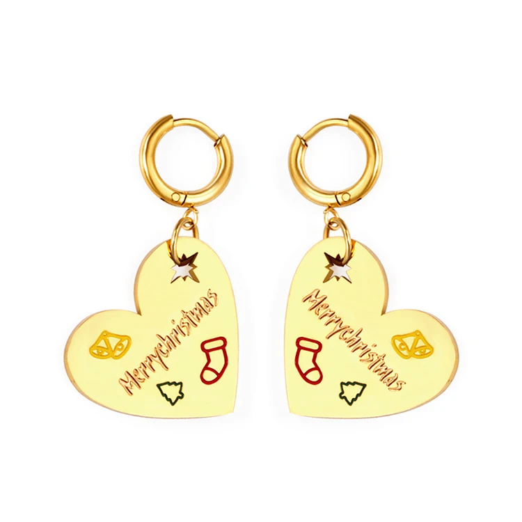 

Amazon Hot Sale Christmas Jewelry Cartoon Bells Socks Pattern Ear Buckle Hypoallergenic Stainless Steel Heart Dangle Earrings, Picture shows