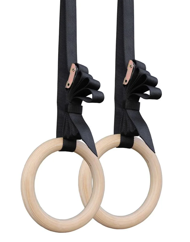 

Heavy Duty Fitness Workout Pull Ups and Dips Exercise Gym Wooden Gymnastic Rings with Adjustable Straps, Wood