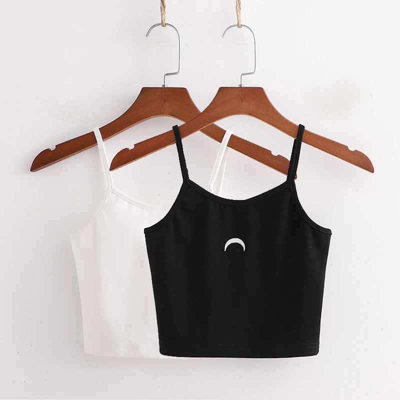 

Moon embroidered basic design knitting cotton crop top women summer casual camis