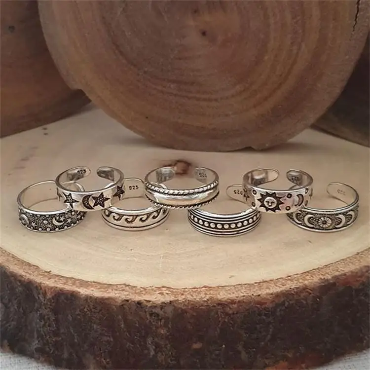 

Bohemian Vintage Adjustable Opening Finger Ring Retro Hollow Carved Star Moon Toe Rings Kits Boho Beach Foot Rings Jewelry