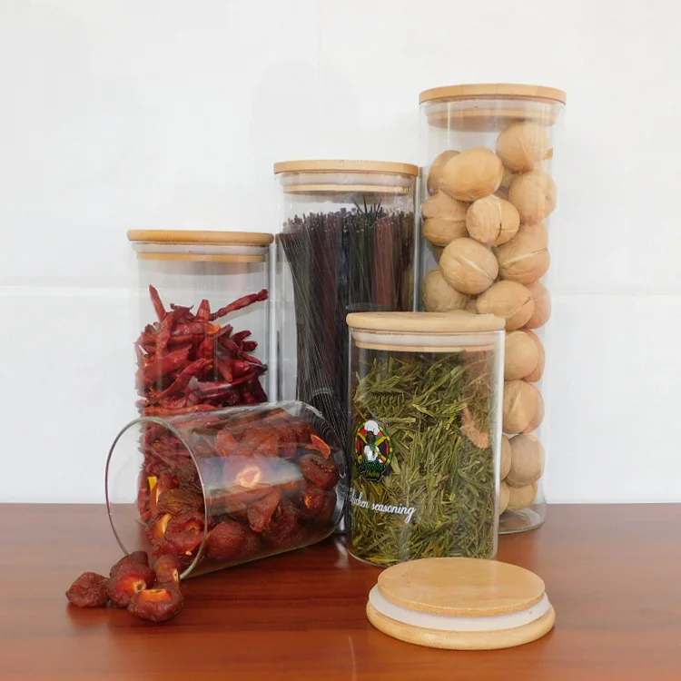 4 6 8oz Eco Home Glass  Cookie Food Storage Containers with Bamboo Lids Wide Mouth Round Handmade Glass Canister