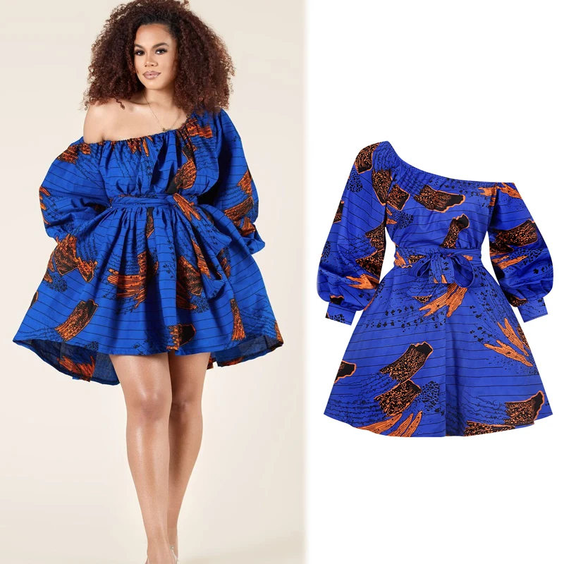 

2021 African Women One Shoulder Kitenge Floral Dress 3D Printed Designs Shirts Short Dress with Belt for Party Wedding Dresses