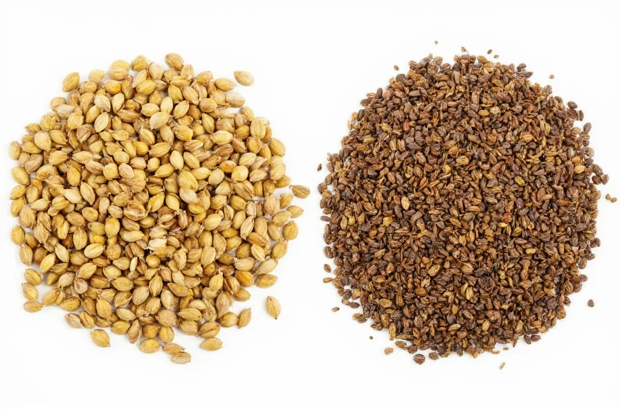 Side-by-side comparison of coriander seeds and cumin seeds showing their different shapes, colors, and textures