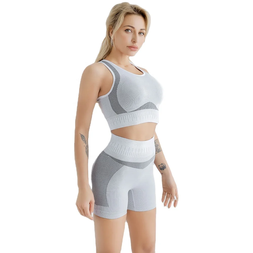 

Hot sale women's 2-piece dynamic elastic seamless shorts quick-drying bra yoga gym sportswear, As pictures