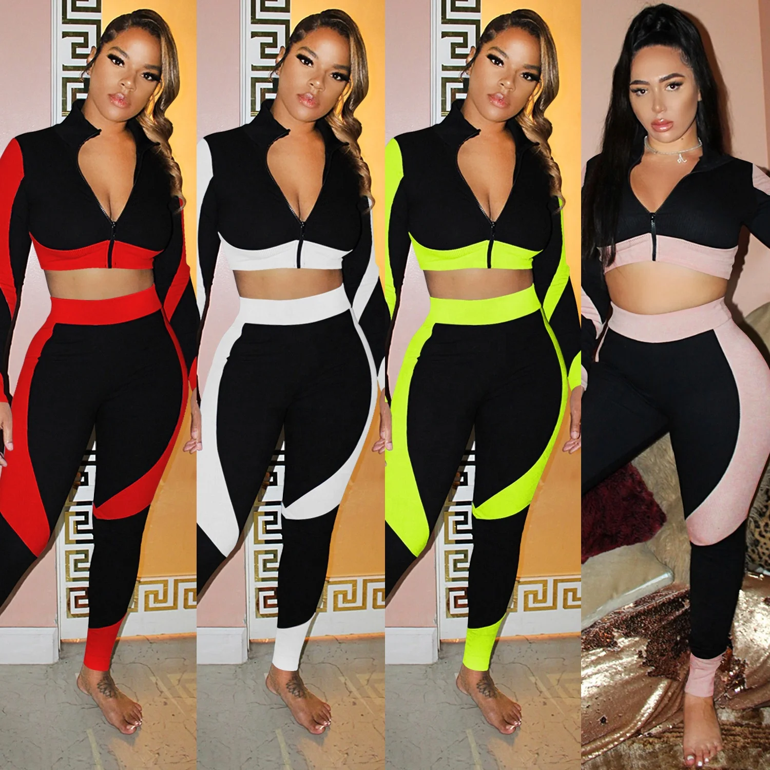 

Hot selling products color contrast women summer fitness tracksuit 2021 two piece set women clothing