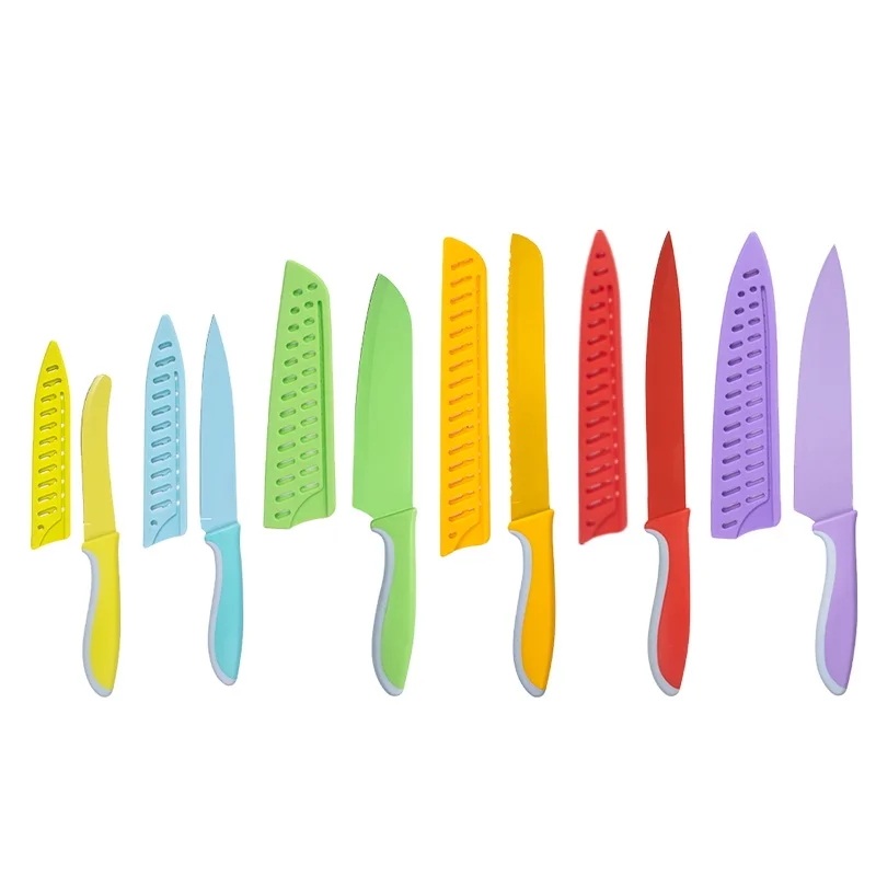 

New Design 6 PCS Stainless Steel Color Coating NonStick Kitchen Knife Set Colorful Kitchen Knife Set With Knife Sheath