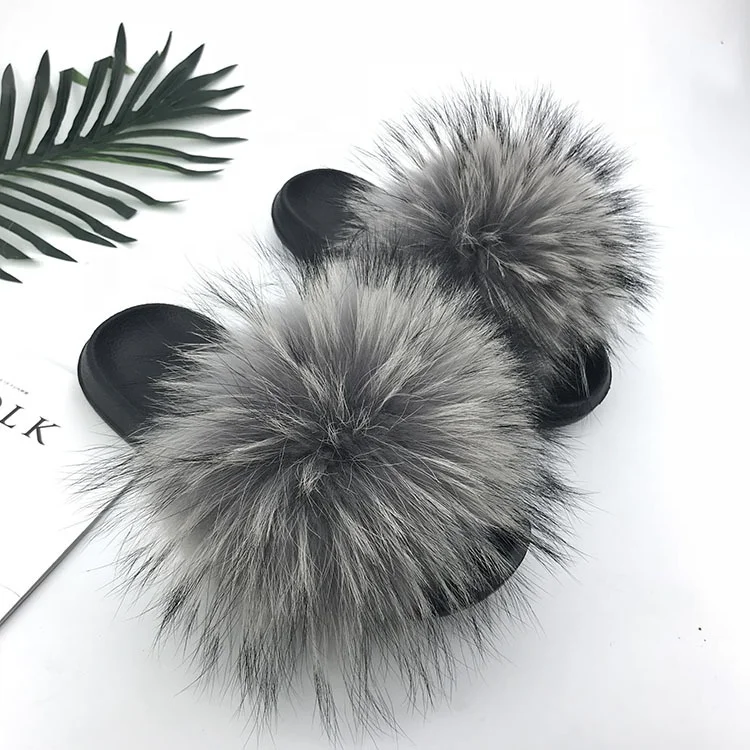 
Fluffy Sandals Wholesale Fur Slippers Hot Selling Women Racoon Fur slides 