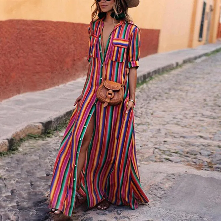 

2021 Striped Print Dress Bohemia Beach Shirt Dress Women Lapel Colorful Button Casual Loose Chiffon Long Maxi Dress, As picture