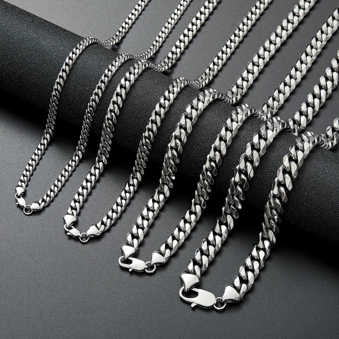 Statement Titanium Steel Sliver Stainless Steel Miami Cuban Link Chain Punk Thick Mens Hip Hop Necklace Bracelet Set