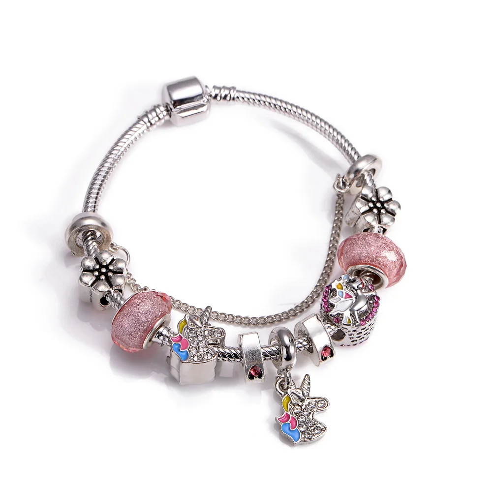 

Cute rhinestone beads whale charm bracelet unicorn bracelet for little girls jewellry, Silver bangle with colored charm