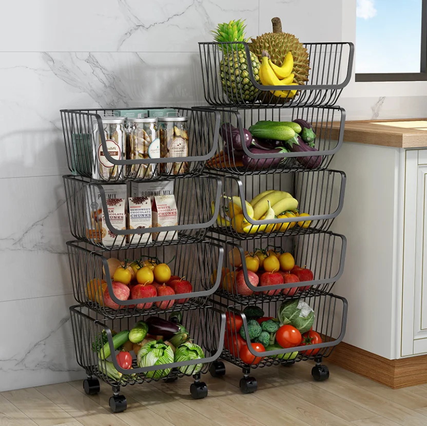 

Black Color Stackable Metal Iron Trolley Organizer Folding Cart Storage Holders Kitchen Basket