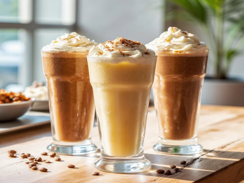 Three frappuccino variations in clear glasses